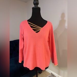 Vintage Pink V-Neck Sweater with Orange Strappy Detail
